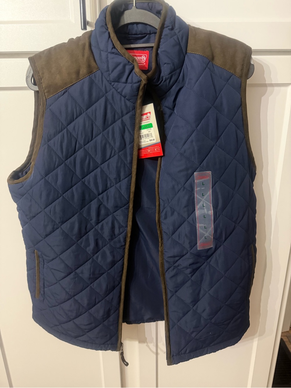 Coleman Navy Quilted Men's Vest with Brown Trim